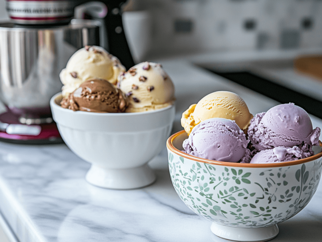 Unique ice cream flavors made using a KitchenAid ice cream maker.