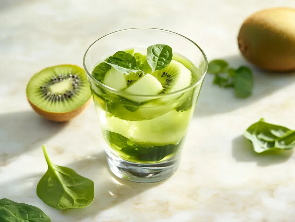 Green gut-friendly wellness shot with fresh ingredients.
