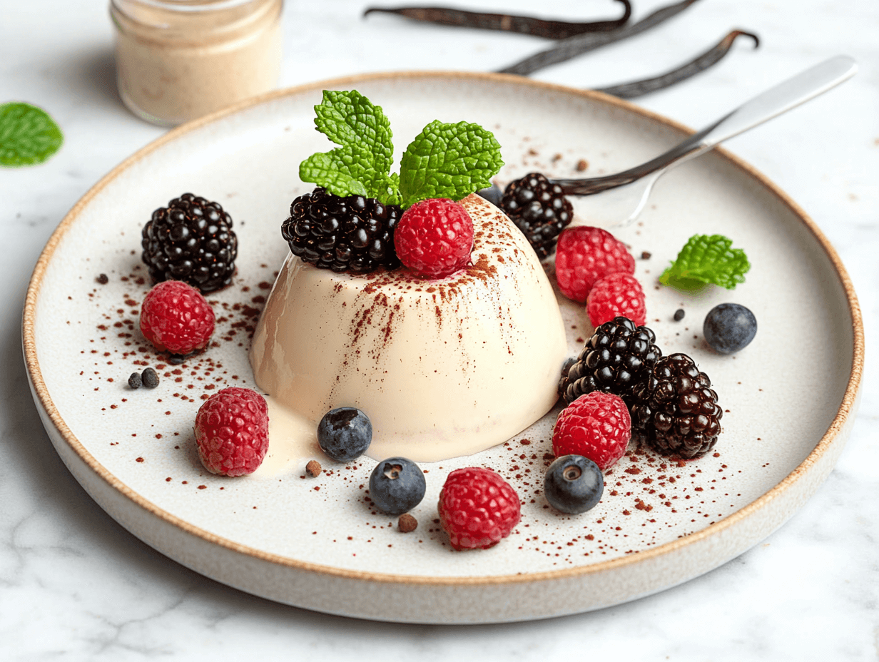 Panna cotta with vanilla bean specks served with a jar of vanilla paste.