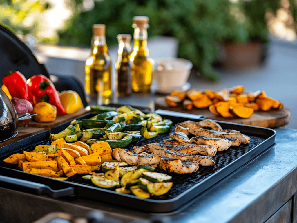 Blackstone griddle cooking healthy meals outdoors.