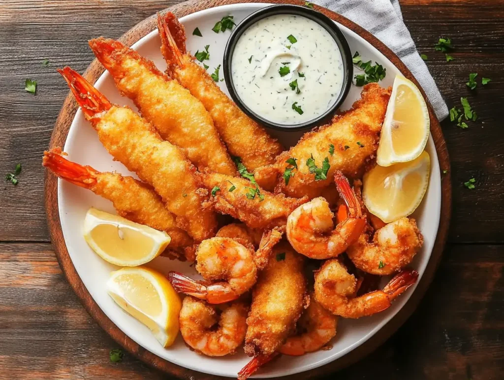 Crispy fried fish and shrimp with tartar sauce and lemon wedges
