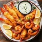 Crispy fried fish and shrimp with tartar sauce and lemon wedges