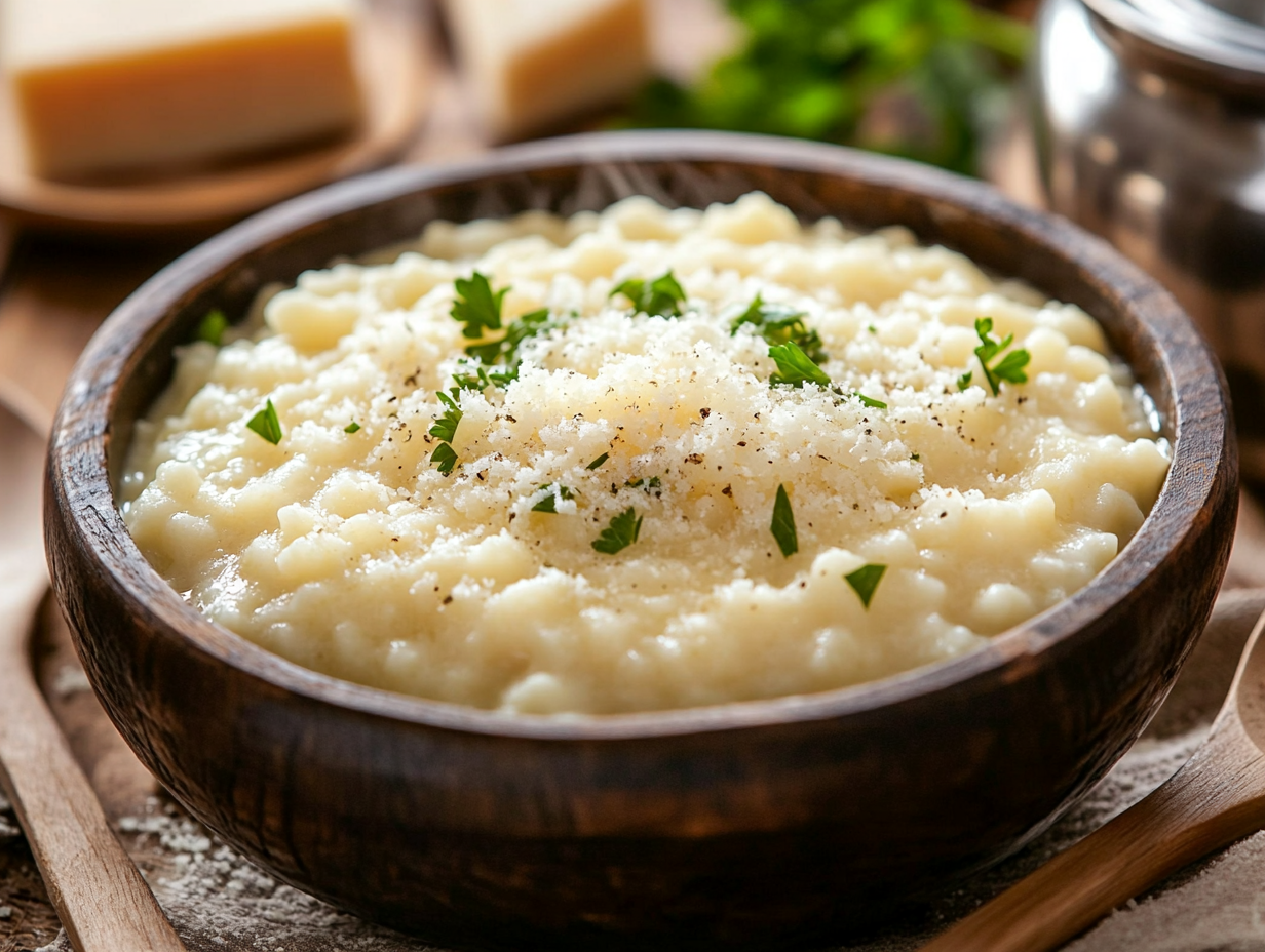 Warm bowl of Pastina Recipe topped with Parmesan and parsley.